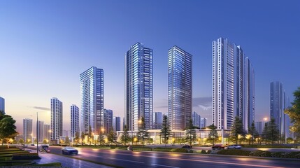 A captivating view of the background with modern commercial high - rise buildings. The buildings have sleek and stylish designs. They stand tall and proud, reaching towards the sky. There are large gl