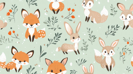 Fototapeta premium This delightful pattern showcases cute woodland creatures, including a fox, deer, and rabbits, surrounded by leaves, perfect for a whimsical design project.