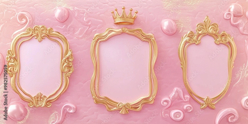 Poster three gold framed pink frames with a crown on top. the frames are arranged in a row