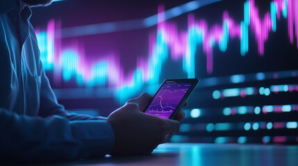 A businessman analyzing stock market data on his smartphone while sitting at a desk. A glowing stock market graph with rising and falling bars is projected above the screen, indica