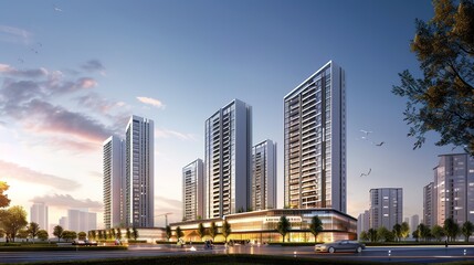 Obraz premium A captivating view of the background with modern commercial high - rise buildings. The buildings have sleek and stylish designs. They stand tall and proud, reaching towards the sky. There are large gl
