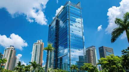 Obraz premium A captivating view of the background with modern commercial high - rise buildings. The buildings have sleek and stylish designs. They stand tall and proud, reaching towards the sky. There are large gl