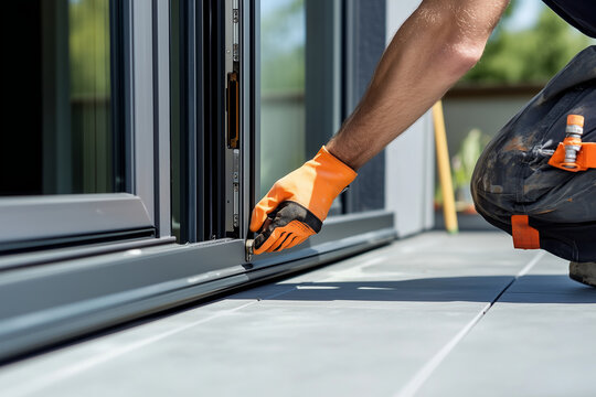 Close-up of a worker installing a sliding glass door with precision using tools and wearing protective gloves