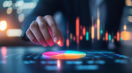 A business professional managing a portfolio by rearranging a colorful pie chart. The image is combined with an overlay of candlestick charts showing stock market data in the backg