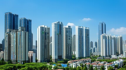 Obraz premium A captivating view of the background with modern commercial high - rise buildings. The buildings have sleek and stylish designs. They stand tall and proud, reaching towards the sky. There are large gl