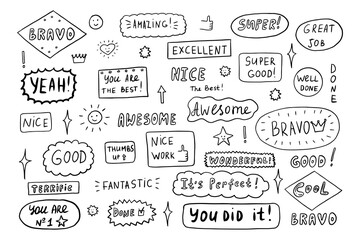 Set of job and great job stickers. School reward, encouragement stamp. Studet icon. Elements of sport, business and school. First place, victory, achievment, award, winner. Doodle style