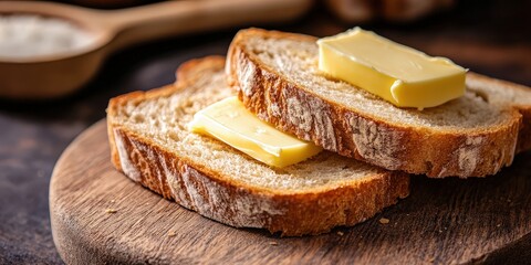 Two slices of bread with a pat of butter on one.