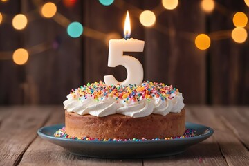 5th birthday cake with whipped cream, sprinkles, candle, and number 5 on wooden background with colorful lights