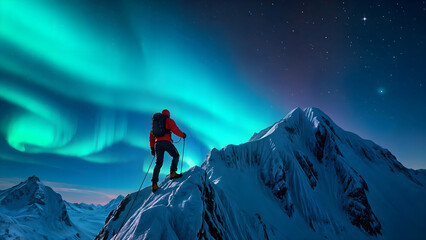 Mountain Climber Under Northern Lights
