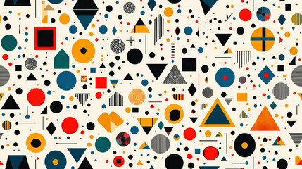 Obraz premium Bright geometric pattern featuring a variety of shapes in vibrant colors on a dark background, ideal for modern design applications