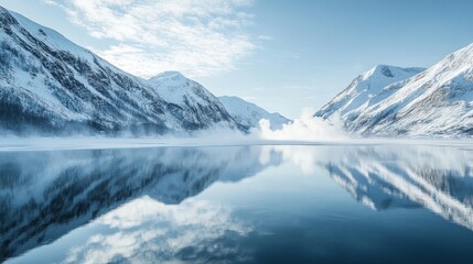 Snow-Covered Mountain Peaks Reflected in a Frozen Lake
