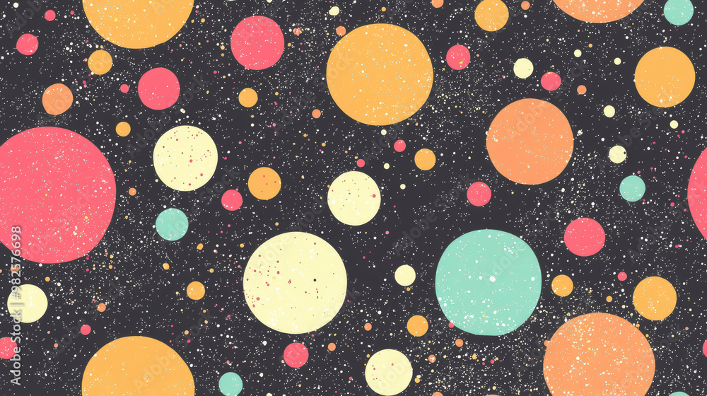 Poster a vibrant pattern of various colored polka dots sprawls across a dark background, creating a lively 