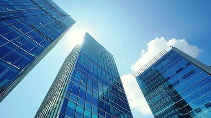 Obraz premium A captivating view of the background with modern commercial high - rise buildings. The buildings have sleek and stylish designs. They stand tall and proud, reaching towards the sky. There are large gl