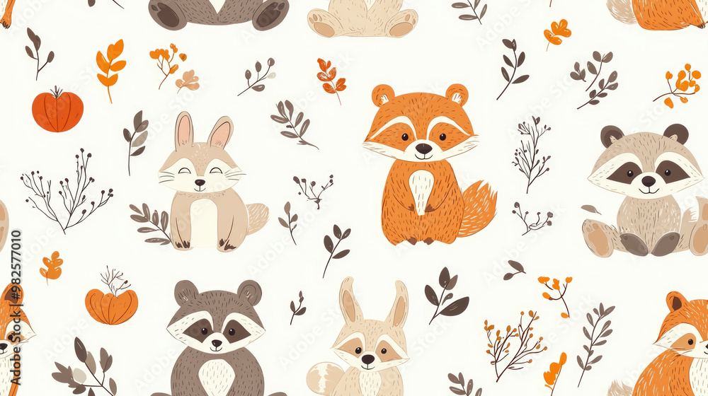 Poster charming woodland creatures create a joyful vector pattern perfect for autumn-themed designs and pro