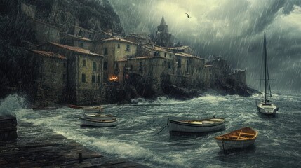 Stormy Sea and Coastal Village