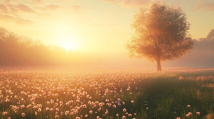 Solitary Tree in a Field of Wildflowers at Sunset
