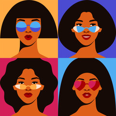 Women Seamless pattern. Girls in sunglasses looks happy. Repeatable background with different female in colorful squares in simple style. Flat vector illustration