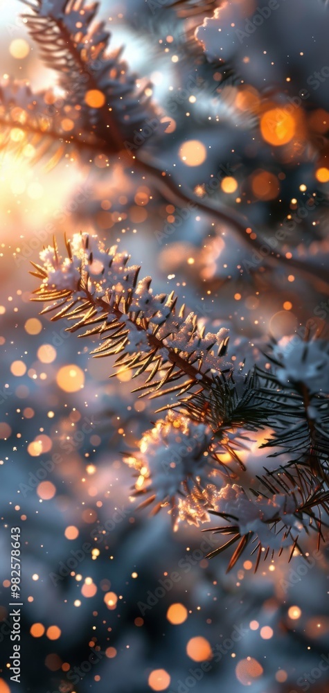 Aufkleber close-up of snow-covered pine branches illuminated by golden light, creating a magical winter wonder