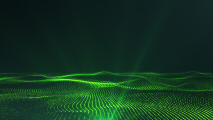 Green digital wave background, abstract technological graphics, with glowing particles, futuristic landscape