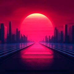 Futuristic cityscape with neonlit streets and abstract holograms under a glowing red sunset