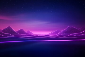 Futuristic desert with neon grid lines and wireframe mountains glowing under a neon purple sky