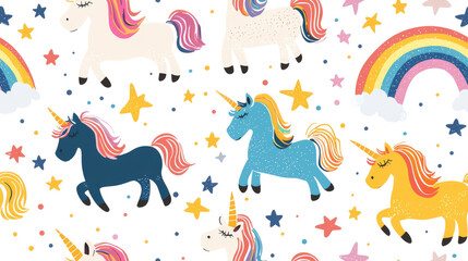 pattern. Delightful vector design showcases cute unicorns in various colors surrounded by stars, rainbows, and whimsical sparkles, creating a charming and vibrant pattern.