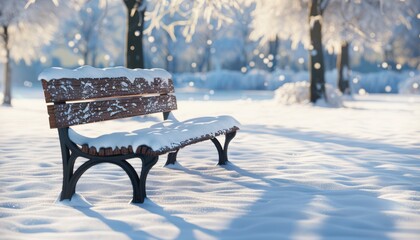 Snow-covered bench in a serene winter park with trees in the background, creating a peaceful and tranquil scene.