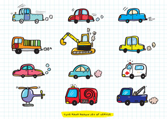 Set of cute doodle vehicles for kids design,Baby bright cartoon various colorful toys. Childish road,transport set. Hand drawn vector illustration. Bus, tram, car