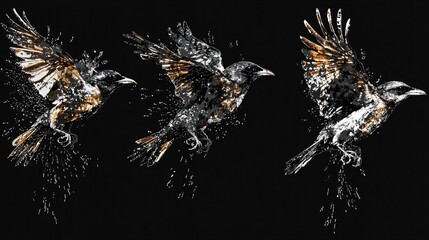 Fototapeta premium Flying birds with splatter effect, black background, artistic touch.
