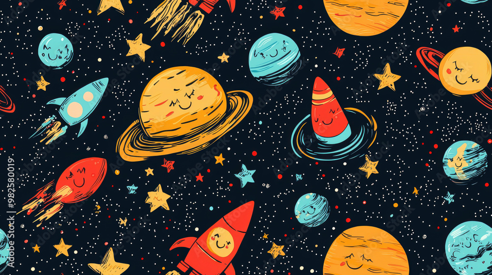 Poster a vibrant and cheerful vector pattern filled with smiling planets, playful rockets, and bright stars
