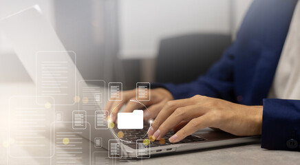 close up employee  businessman hand show virtual icon of DMS (document management system) while...