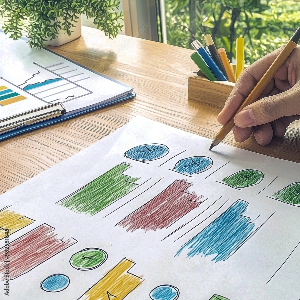 Poster a hand drawing colorful graphs on paper, showcasing data analysis and creative visualization in a br