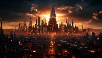 A dark, imposing dystopian cityscape with towering skyscrapers and a glowing sunset in the background. The city's harsh, industrial vibe is illuminated by a fiery, dramatic sky, creating an ominous