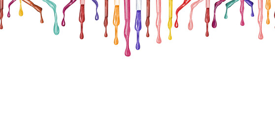 Colored nail polish dripping from brushes watercolor seamless banner. Falling drips palette painted in realistic style. Illustration with empty space for text. For textile, package, salon design