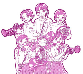 楽器を持った笑顔の6人の男女のイラスト