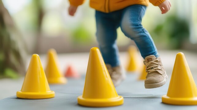 A child learning balance and coordination while navigating an obstacle course