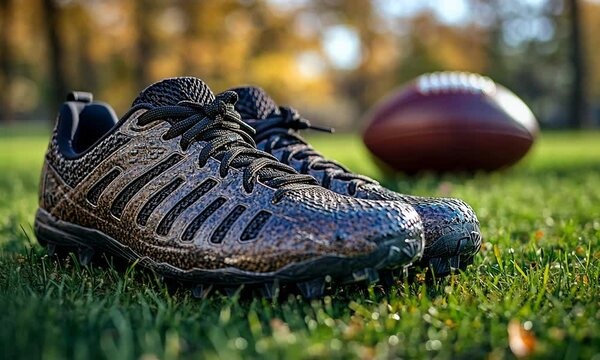 Football Shoes and a Ball on a Green Grass Field