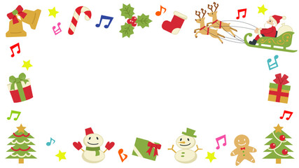 Fototapeta premium 白背景のクリスマスのフレーム(サンタとツリーと音符)