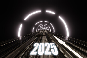 Highway road asphalt tunnel and Happy New Year 2025 concept