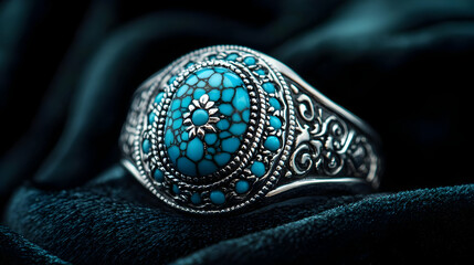 Fototapeta premium Elegant silver ring featuring a vibrant turquoise gemstone, showcasing intricate details and a classic design.