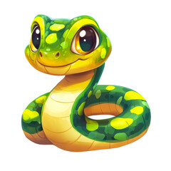 A colorful isolated on transparency PNG background, cute cartoon snake with large eyes and a friendly expression, ideal for children's educational materials, storybooks, apps