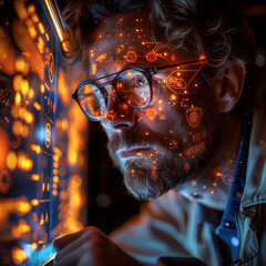 A person uses the technological interface of the future with screens and additional reality