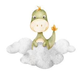 Green baby dinosaur sitting on clouds. Isolated hand drawn Watercolor illustration. Tyrannosaurus rex dinos for design children's room, kid's goods, posters, baby shower cards