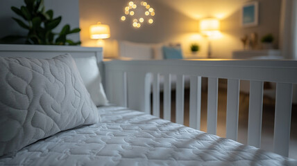 A cozy baby crib in a softly lit nursery.