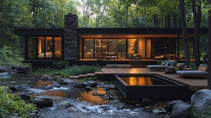 Obraz premium A modern home in the forest with an outdoor deck, overlooking a stream running through the forest floor