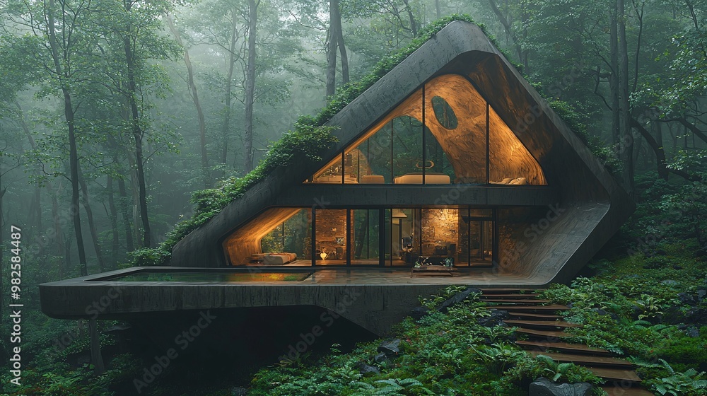 Wall mural a futuristic forest home with geometric shapes and a glass facade, surrounded by dense, misty forest