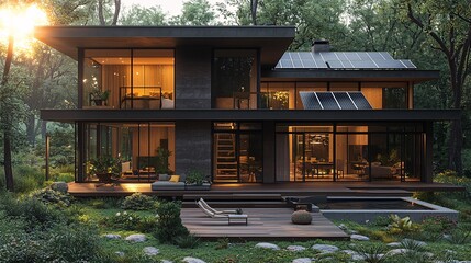 A modern house with solar panels, located in the middle of a forest clearing with sunlight pouring in from above