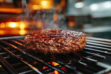 Juicy burger patty grilling over open flame