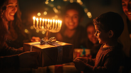 Joyful family celebrating Hanukkah with menorah and gifts in warm candlelight