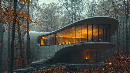 A minimalist concrete and glass home in the middle of a forest, designed to be one with its natural...